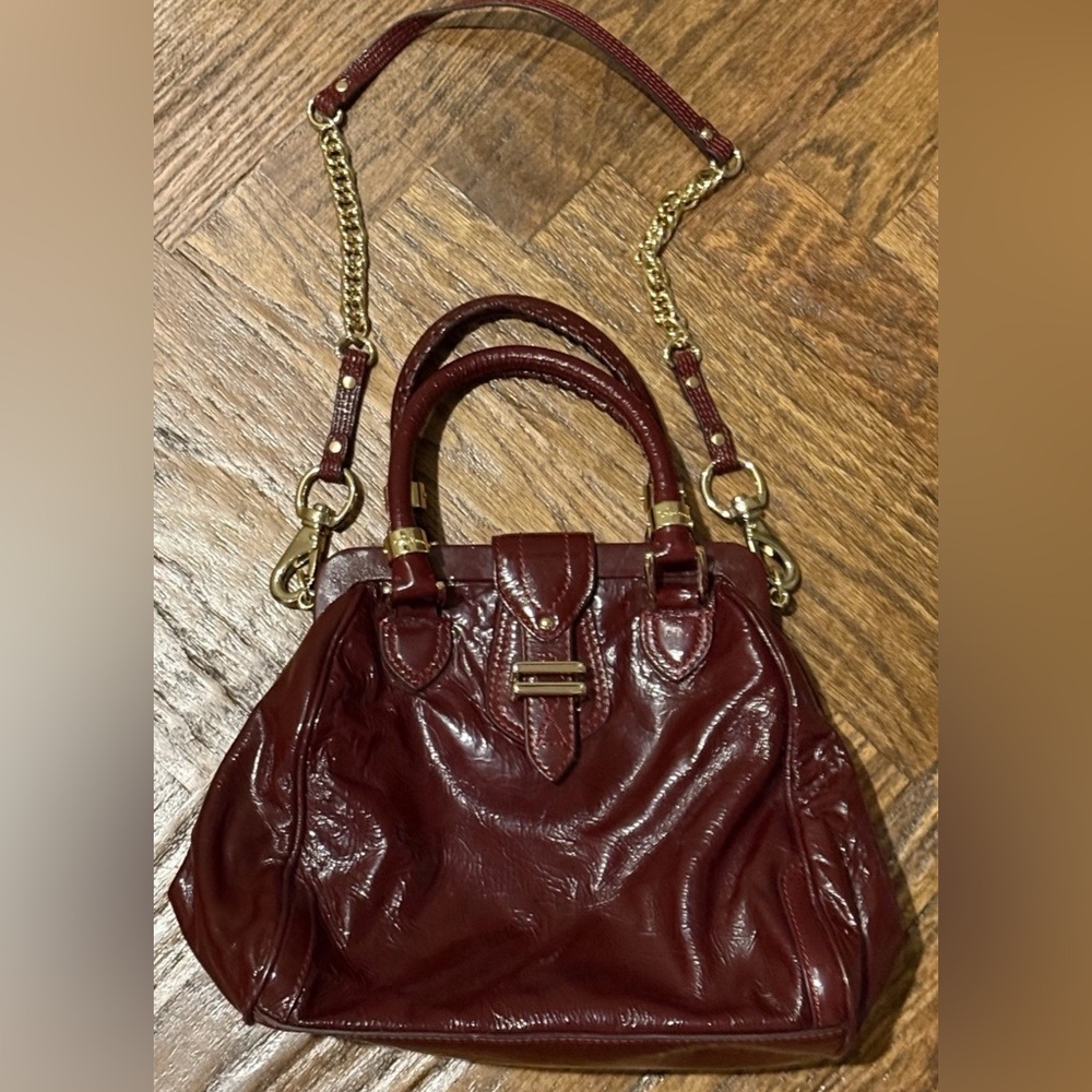 Vintage Cole Haan Burgundy Red Patent Leather Bag Purse Gold Accents - Picture 2 of 10